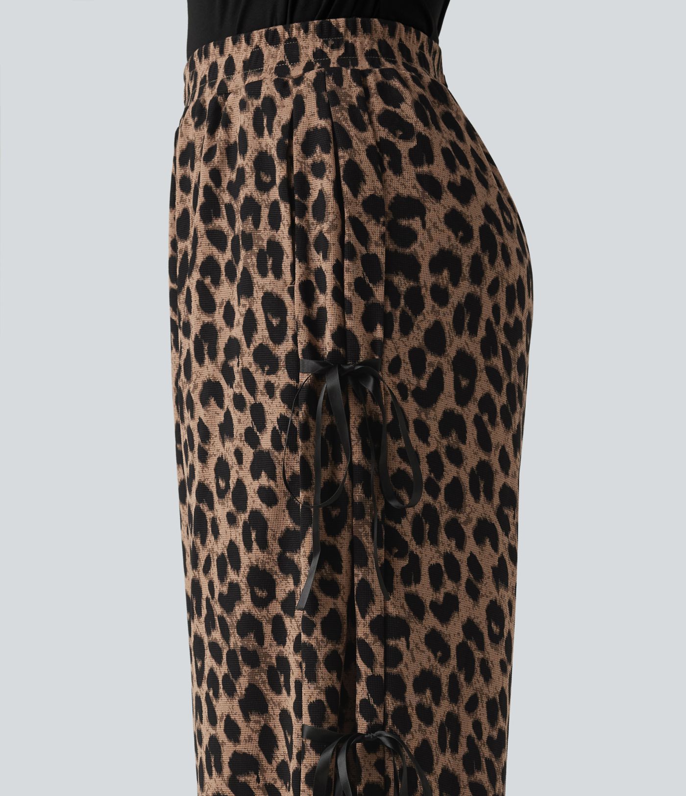 High Waisted Leopard Print Waffle Wide Leg Casual Pants with Pockets High Waisted Leopard Print Waffle Wide Leg Casual Pants with Pockets