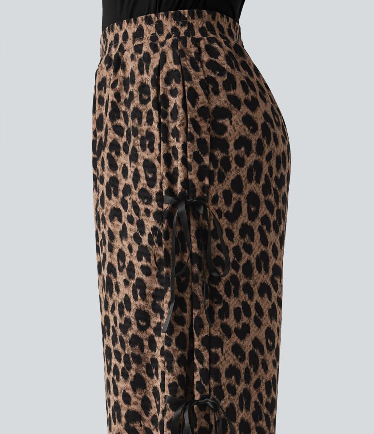 High Waisted Leopard Print Waffle Wide Leg Casual Pants with Pockets High Waisted Leopard Print Waffle Wide Leg Casual Pants with Pockets