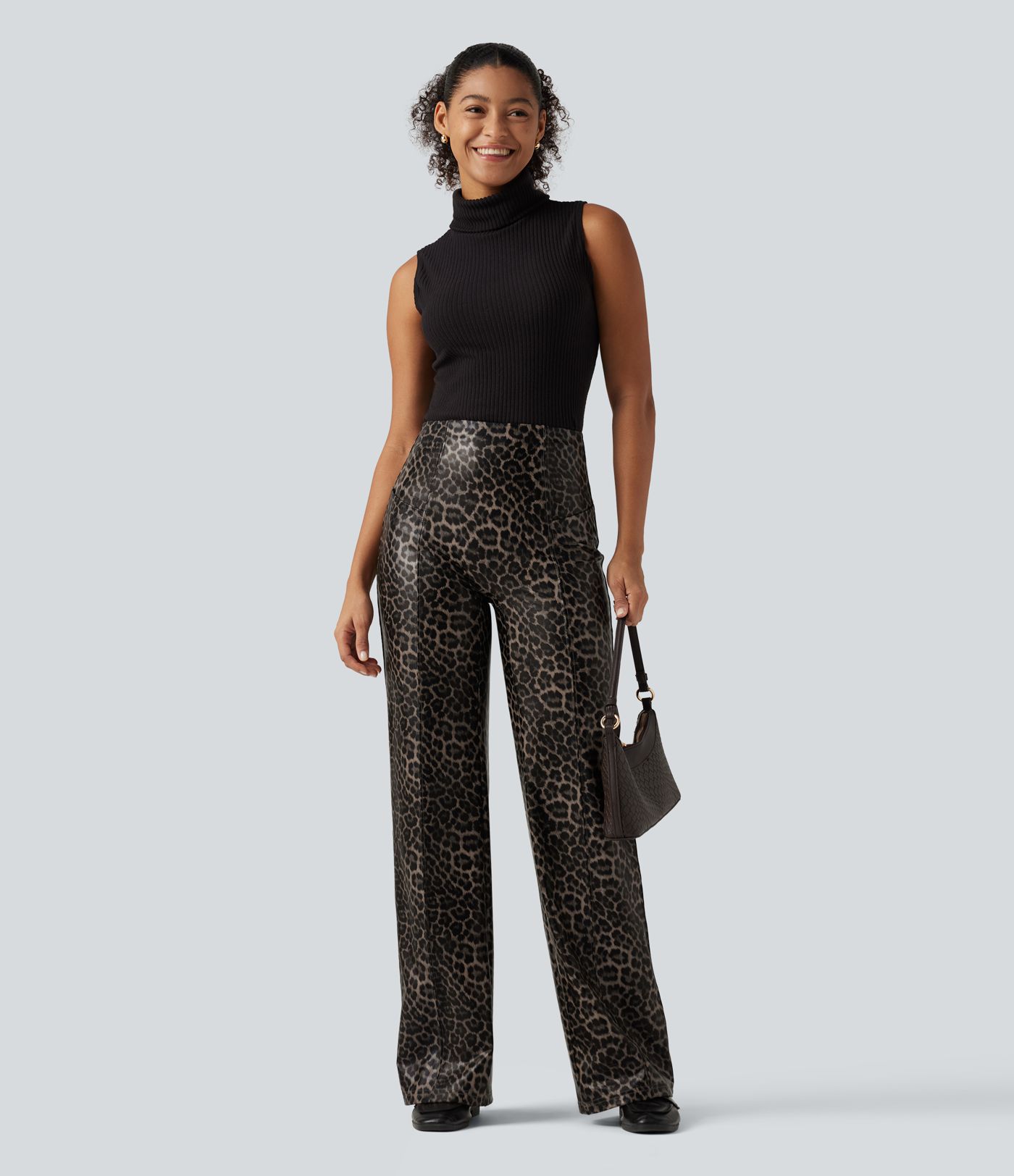 High Waisted Stretchy PU Leopard Print Leather Flare Casual Pants with Pockets