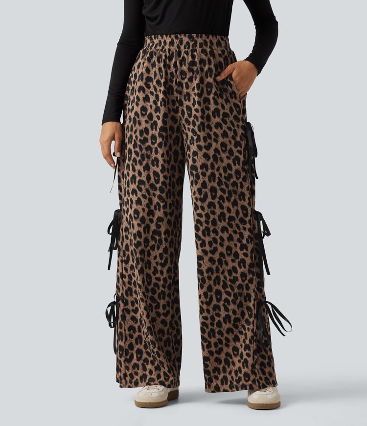 High Waisted Leopard Print Waffle Wide Leg Casual Pants with Pockets High Waisted Leopard Print Waffle Wide Leg Casual Pants with Pockets