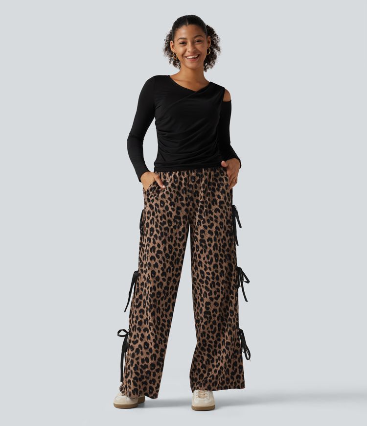 High Waisted Leopard Print Waffle Wide Leg Casual Pants with Pockets High Waisted Leopard Print Waffle Wide Leg Casual Pants with Pockets