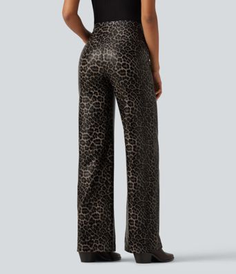 High Waisted Stretchy PU Leopard Print Leather Flare Casual Pants with Pockets