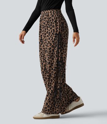 High Waisted Leopard Print Waffle Wide Leg Casual Pants with Pockets High Waisted Leopard Print Waffle Wide Leg Casual Pants with Pockets