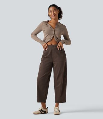 Mid Rise Barrel Leg Casual Cotton Pants with Pockets