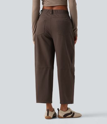 Mid Rise Barrel Leg Casual Cotton Pants with Pockets