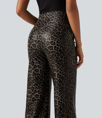 High Waisted Stretchy PU Leopard Print Leather Flare Casual Pants with Pockets