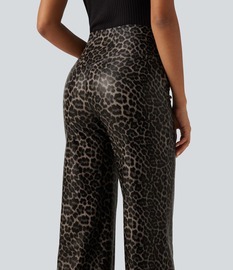 High Waisted Stretchy PU Leopard Print Leather Flare Casual Pants with Pockets
