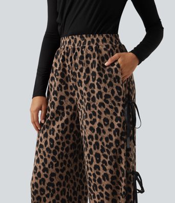 High Waisted Leopard Print Waffle Wide Leg Casual Pants with Pockets High Waisted Leopard Print Waffle Wide Leg Casual Pants with Pockets