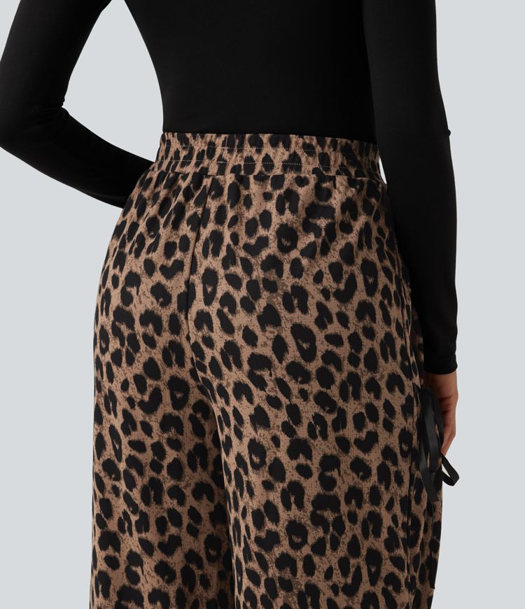 High Waisted Leopard Print Waffle Wide Leg Casual Pants with Pockets High Waisted Leopard Print Waffle Wide Leg Casual Pants with Pockets