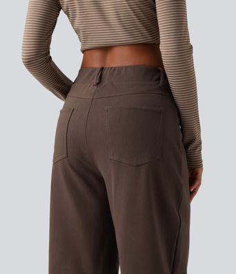 Mid Rise Barrel Leg Casual Cotton Pants with Pockets