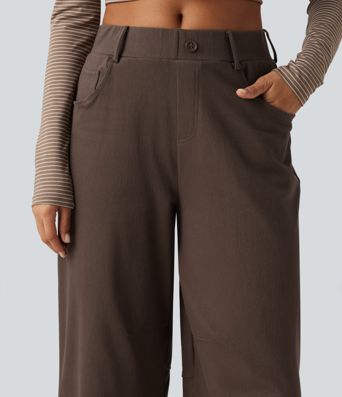 Mid Rise Barrel Leg Casual Cotton Pants with Pockets
