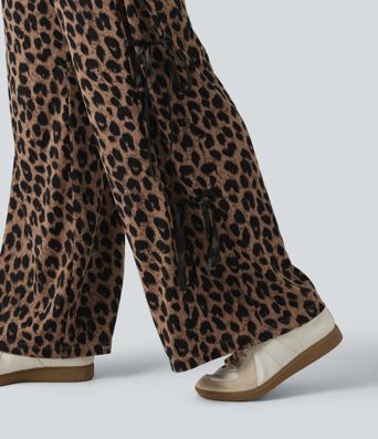 High Waisted Leopard Print Waffle Wide Leg Casual Pants with Pockets High Waisted Leopard Print Waffle Wide Leg Casual Pants with Pockets