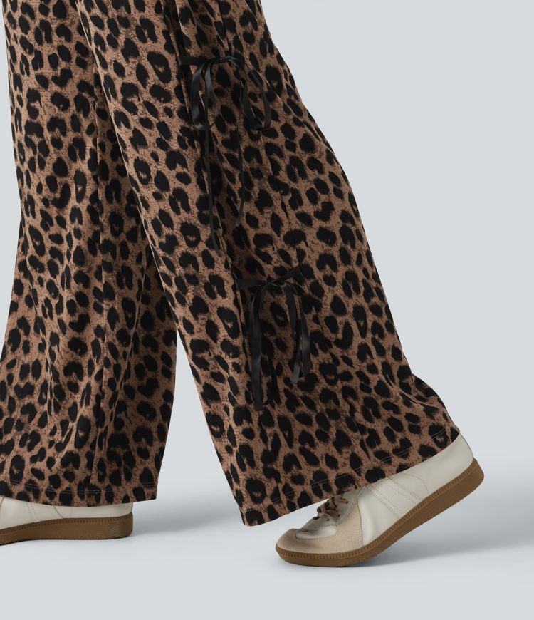High Waisted Leopard Print Waffle Wide Leg Casual Pants with Pockets High Waisted Leopard Print Waffle Wide Leg Casual Pants with Pockets