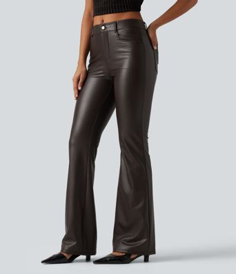 Mid Rise Bootcut Stretchy PU Fleece Casual Pants with Pockets Mid Rise Bootcut Stretchy PU Fleece Casual Pants with Pockets