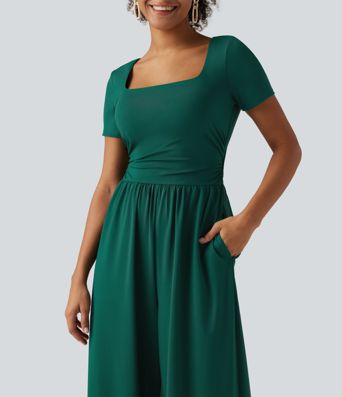 Combinaison décontractée à encolure carrée, manches courtes et jambes larges, avec poches - édition Easy Peezy Combinaison décontractée à encolure carrée, manches courtes et jambes larges, avec poches - édition Easy Peezy