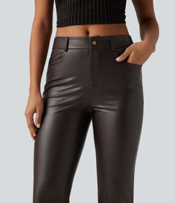 Mid Rise Bootcut Stretchy PU Fleece Casual Pants with Pockets Mid Rise Bootcut Stretchy PU Fleece Casual Pants with Pockets