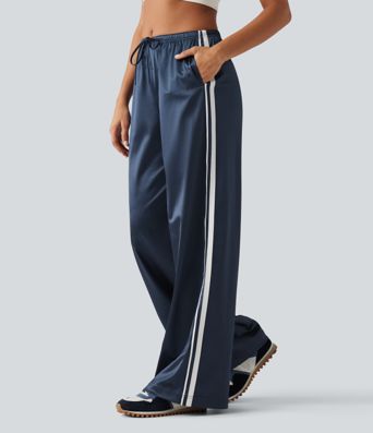 Mid Rise Drawstring Satin Side Stripes Wide Leg Casual Pants with Pockets