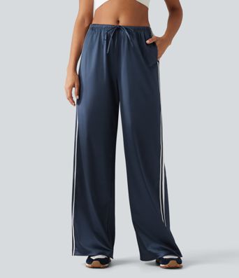 Mid Rise Drawstring Satin Side Stripes Wide Leg Casual Pants with Pockets