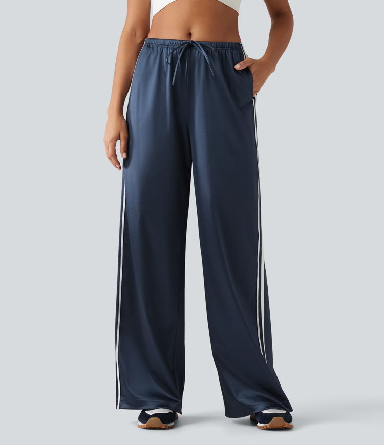 Mid Rise Drawstring Satin Side Stripes Wide Leg Casual Pants with Pockets