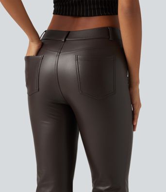 Mid Rise Bootcut Stretchy PU Fleece Casual Pants with Pockets Mid Rise Bootcut Stretchy PU Fleece Casual Pants with Pockets