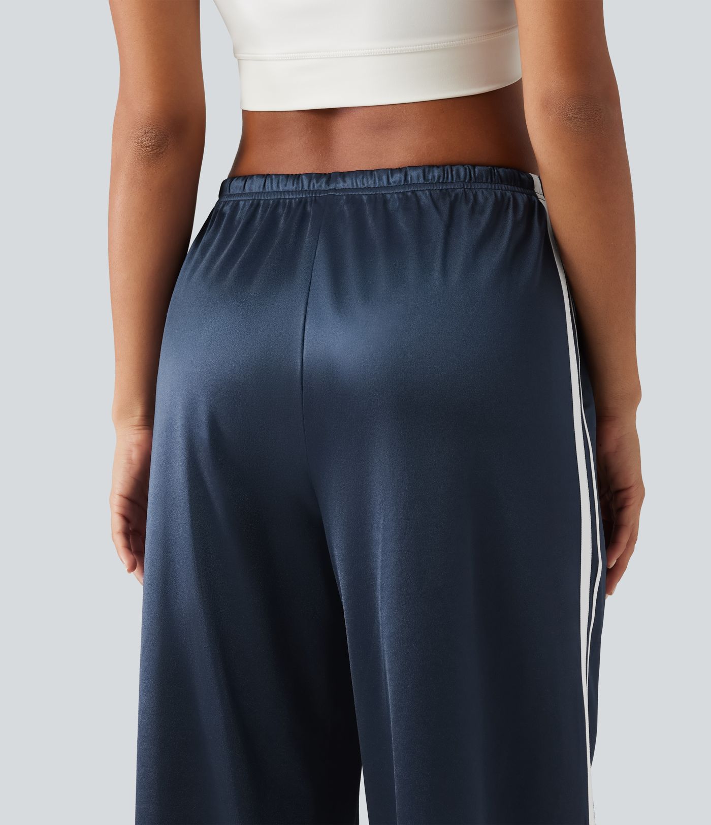 Mid Rise Drawstring Satin Side Stripes Wide Leg Casual Pants with Pockets