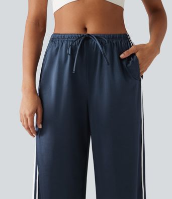 Mid Rise Drawstring Satin Side Stripes Wide Leg Casual Pants with Pockets