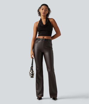 Mid Rise Bootcut Stretchy PU Fleece Casual Pants with Pockets Mid Rise Bootcut Stretchy PU Fleece Casual Pants with Pockets