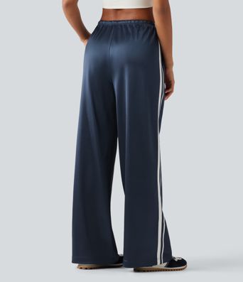 Mid Rise Drawstring Satin Side Stripes Wide Leg Casual Pants with Pockets