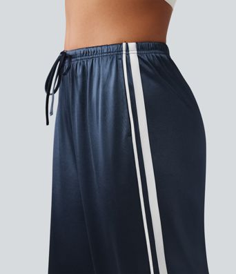 Mid Rise Drawstring Satin Side Stripes Wide Leg Casual Pants with Pockets