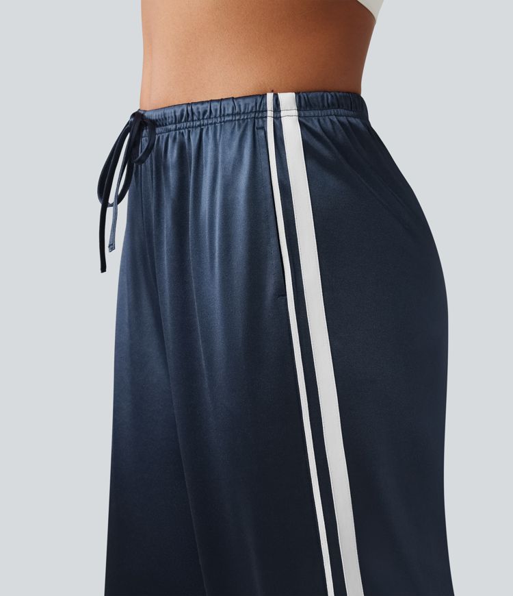 Mid Rise Drawstring Satin Side Stripes Wide Leg Casual Pants with Pockets