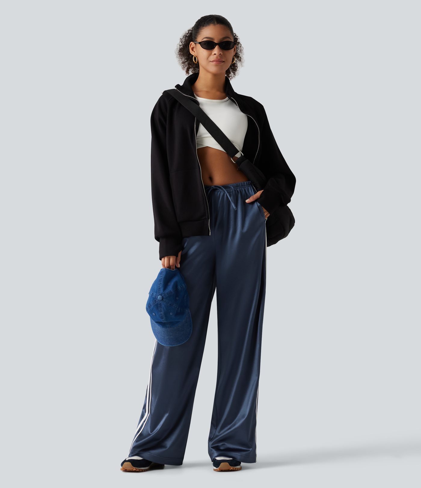 Mid Rise Drawstring Satin Side Stripes Wide Leg Casual Pants with Pockets