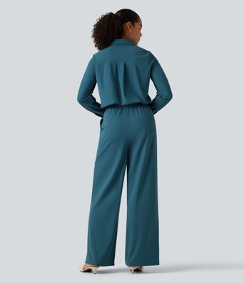 Long Sleeve Straight Leg Work Shirt Jumpsuit with Pockets-Easy Peezy Edition