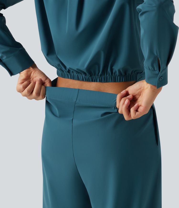 Long Sleeve Straight Leg Work Shirt Jumpsuit with Pockets-Easy Peezy Edition