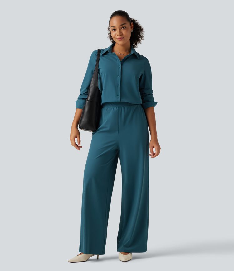 Long Sleeve Straight Leg Work Shirt Jumpsuit with Pockets-Easy Peezy Edition