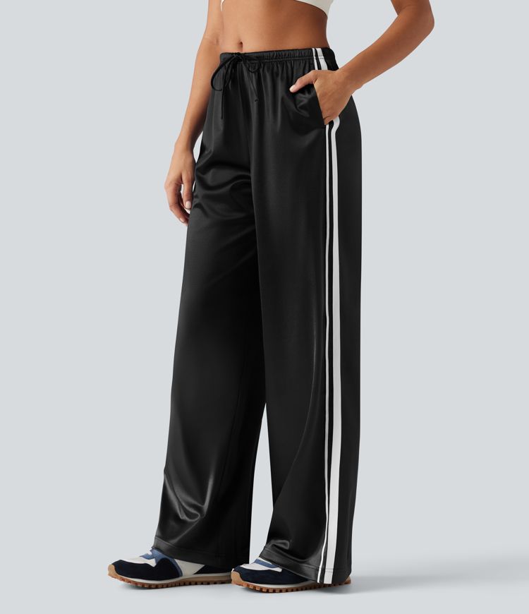 Mid Rise Drawstring Satin Side Stripes Wide Leg Casual Pants with Pockets