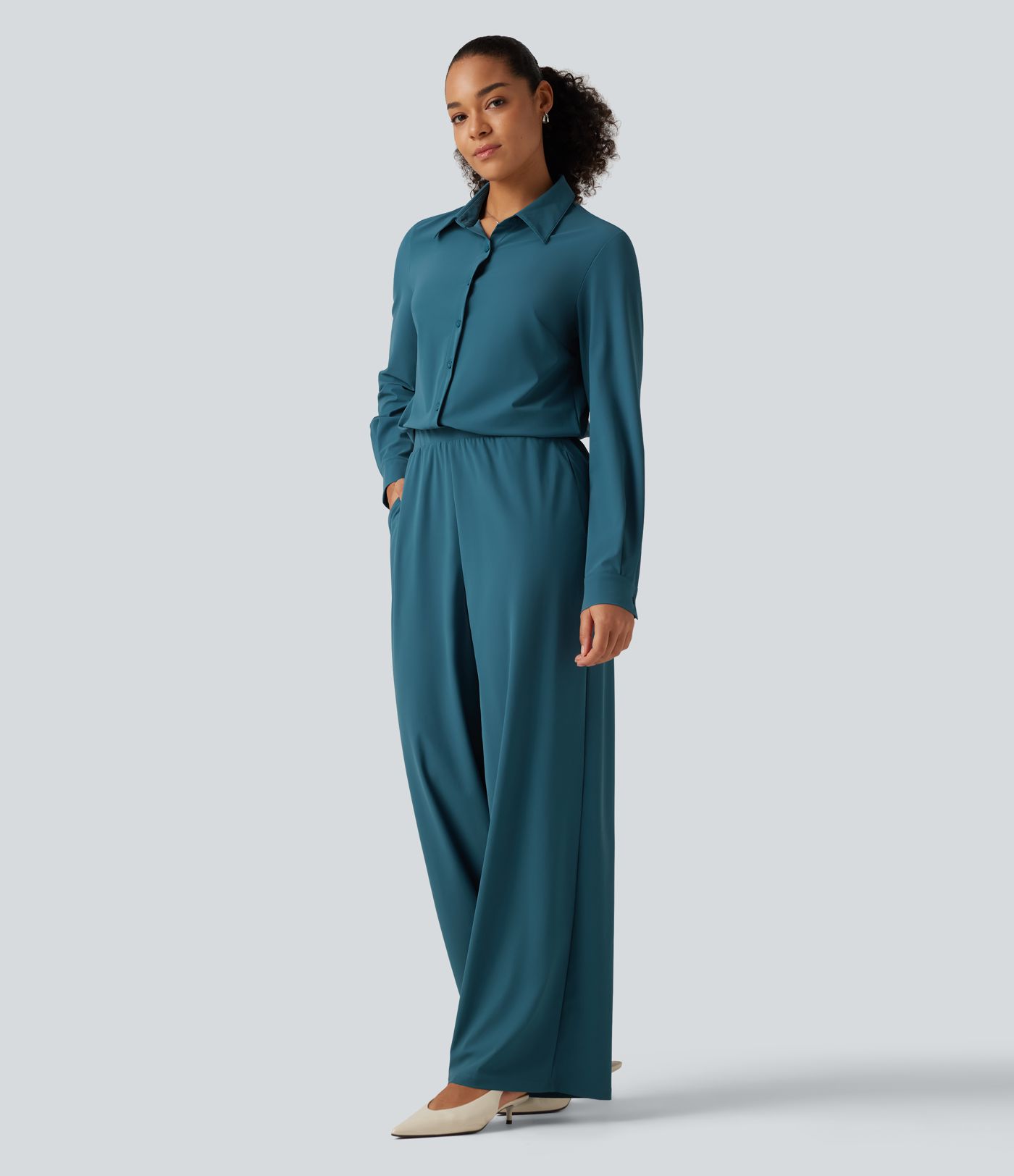 Long Sleeve Straight Leg Work Shirt Jumpsuit with Pockets-Easy Peezy Edition