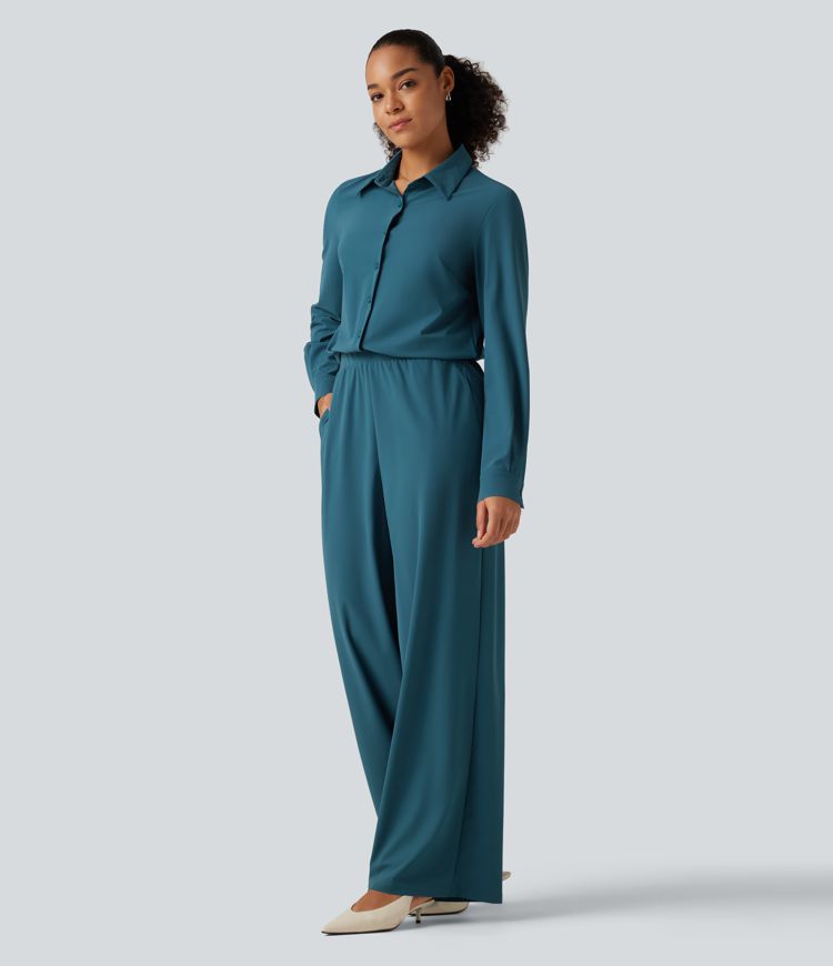 Long Sleeve Straight Leg Work Shirt Jumpsuit with Pockets-Easy Peezy Edition