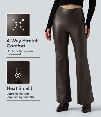 Mid Rise Stretchy PU Fleece Bootcut Casual Pants with Pocket
