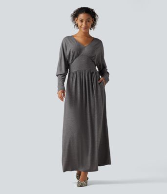 V Neck Long Sleeve Ruched Maxi Casual Dress with Pockets