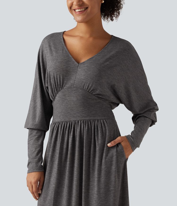 V Neck Long Sleeve Ruched Maxi Casual Dress with Pockets