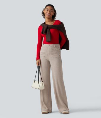 Ribbed High Waisted Tummy Control Wide Leg Casual Pants with Front Pockets Ribbed High Waisted Tummy Control Wide Leg Casual Pants with Front Pockets