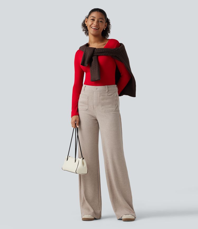 Ribbed High Waisted Tummy Control Wide Leg Casual Pants with Front Pockets Ribbed High Waisted Tummy Control Wide Leg Casual Pants with Front Pockets
