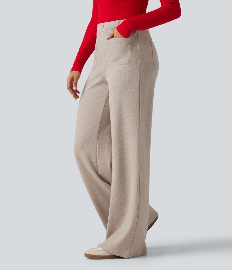 Ribbed High Waisted Tummy Control Wide Leg Casual Pants with Front Pockets Ribbed High Waisted Tummy Control Wide Leg Casual Pants with Front Pockets