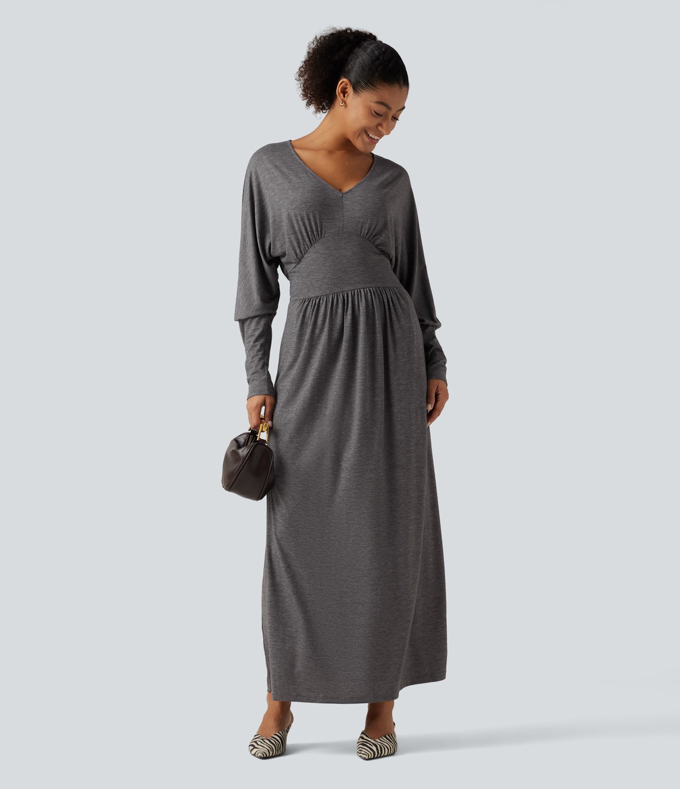 V Neck Long Sleeve Ruched Maxi Casual Dress with Pockets