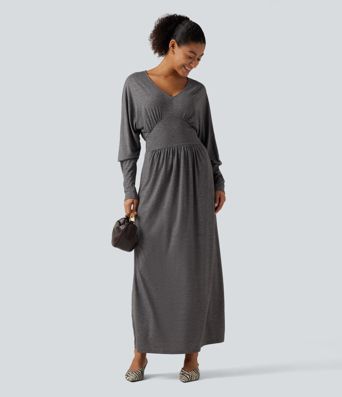 V Neck Long Sleeve Ruched Maxi Casual Dress with Pockets