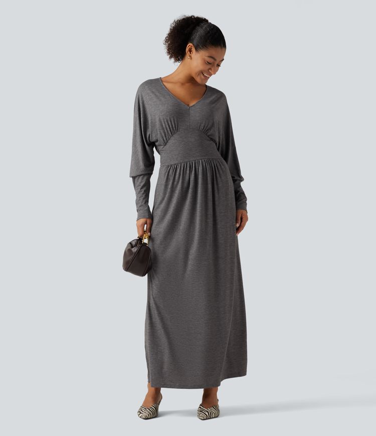 V Neck Long Sleeve Ruched Maxi Casual Dress with Pockets