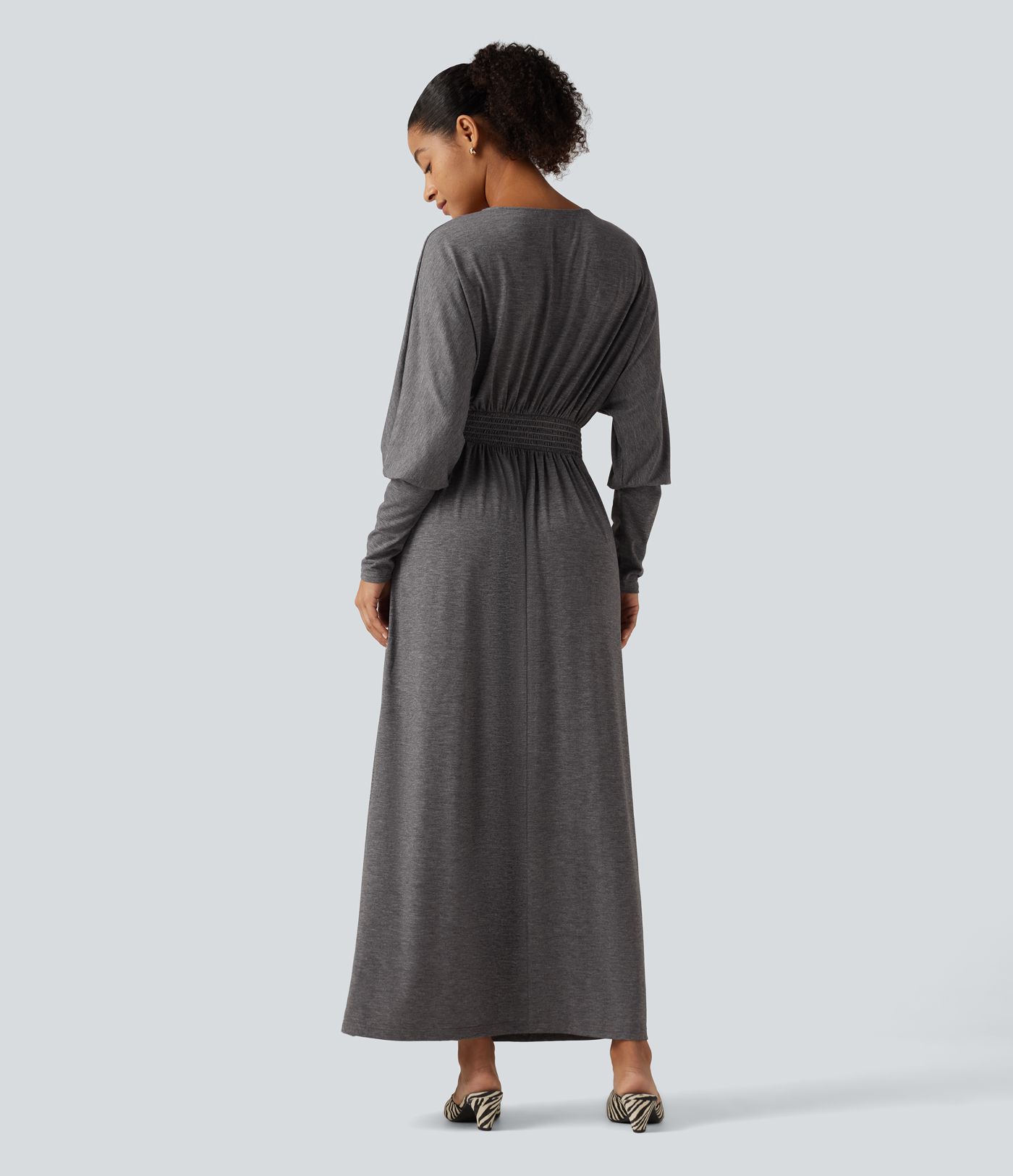 V Neck Long Sleeve Ruched Maxi Casual Dress with Pockets