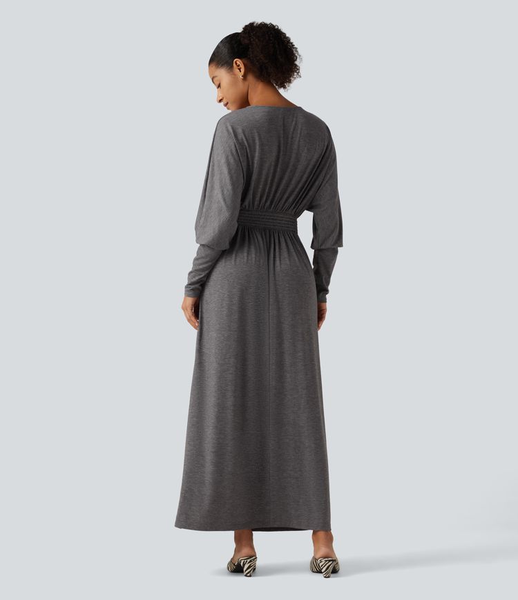 V Neck Long Sleeve Ruched Maxi Casual Dress with Pockets