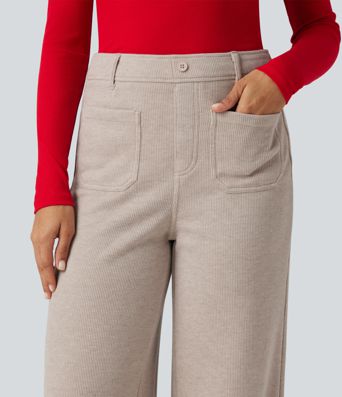 Ribbed High Waisted Tummy Control Wide Leg Casual Pants with Front Pockets Ribbed High Waisted Tummy Control Wide Leg Casual Pants with Front Pockets