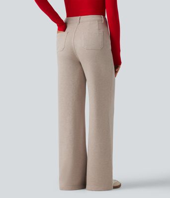 Ribbed High Waisted Tummy Control Wide Leg Casual Pants with Front Pockets Ribbed High Waisted Tummy Control Wide Leg Casual Pants with Front Pockets